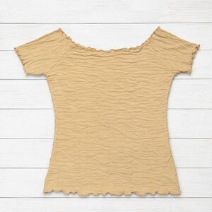 Haystacks Tan Beige Crinkle Textured Lettuce Edge Off Shoulder Top Size S - 1380